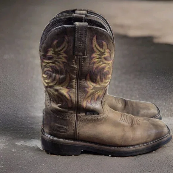 Justin Stampede Brown Leather Square Toe Western Cowboy Boots Mens Size 9.5 EE